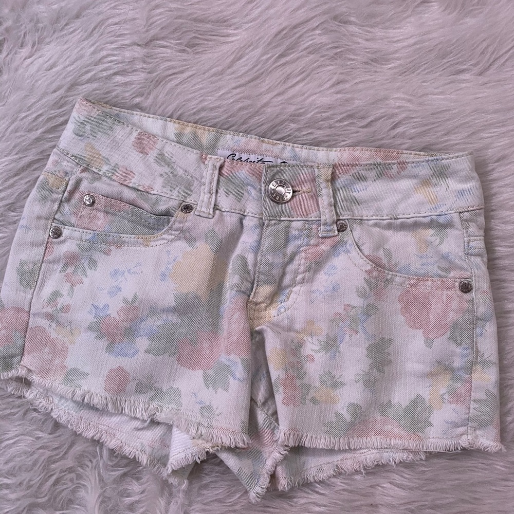 Celebrity denim white washed floral shorts
